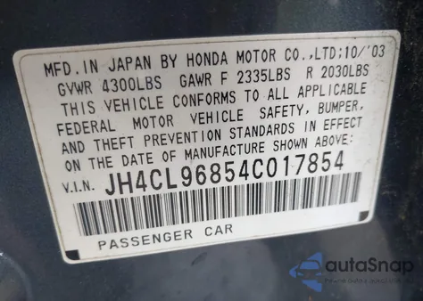 2004 Acura Tsx from USA, damaged, VIN JH4CL96854C017854